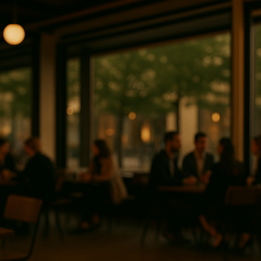 An AI-generated illustration representing people sitting at tables in a bar. The wall behind them has large windows that allow to see trees outside.